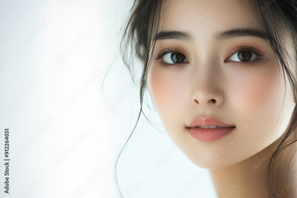 ethereal closeup of a serene asian woman with flawless skin bathed in soft studio lighting against a pure white background exuding grace and beauty ethereal closeup of a serene asian woman with flawless skin bathed in soft studio lighting against a pure white background exuding grace and beauty