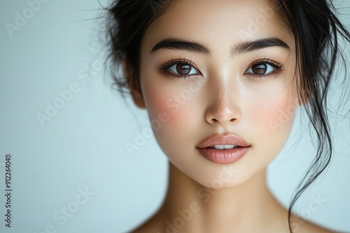 ethereal closeup of a serene asian woman with flawless skin bathed in soft studio lighting against a pure white background exuding grace and beauty