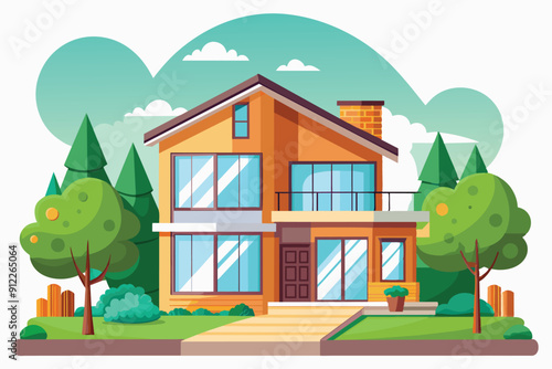 vector illustration of a modern family house. around the house there are green trees. can be used as an animated background.