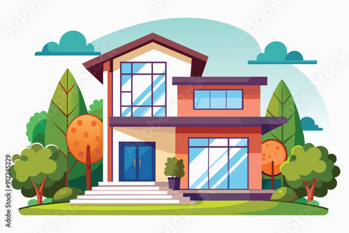 vector illustration of a modern family house. around the house there are green trees. can be used as an animated background.
