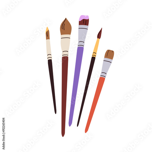 Paint brushes kit for drawing. Painting tools, art supplies. Thick and thin bristles set. Paintbrushes of different size, shape, type, kind. Flat vector illustration isolated on white background