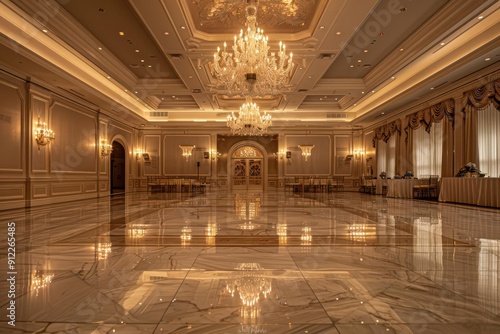 opulent marble ballroom with cascading crystal chandeliers reflective floors and gilded accents ethereal light bathes the space in a warm inviting glow