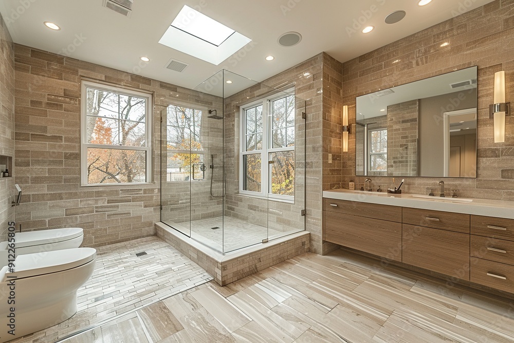 A large bathroom with a glass shower stall and a toilet A large bathroom with a glass shower stall and a toilet
