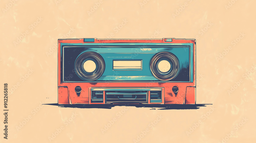 simple illustration of an old school cassette tape with flat colors in ...