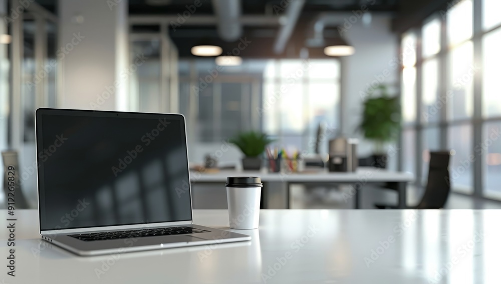 Laptop and Coffee Cup on a White Desk in a Modern Office Laptop and Coffee Cup on a White Desk in a Modern Office