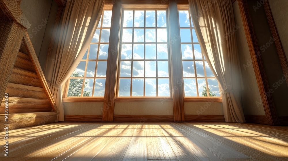 A room with a large window and white curtains A room with a large window and white curtains