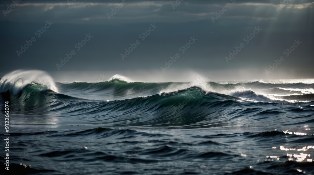 Naklejka premium Sun Shines Through Clouds Over Ocean Waves