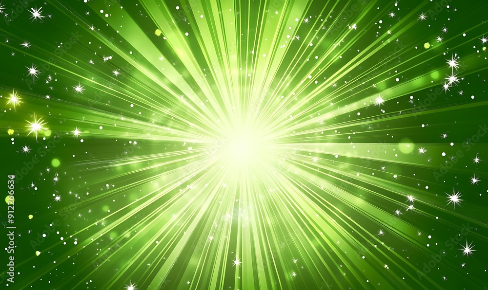 Fototapeta premium Magical Sunburst green light burst abstract rays on dark green