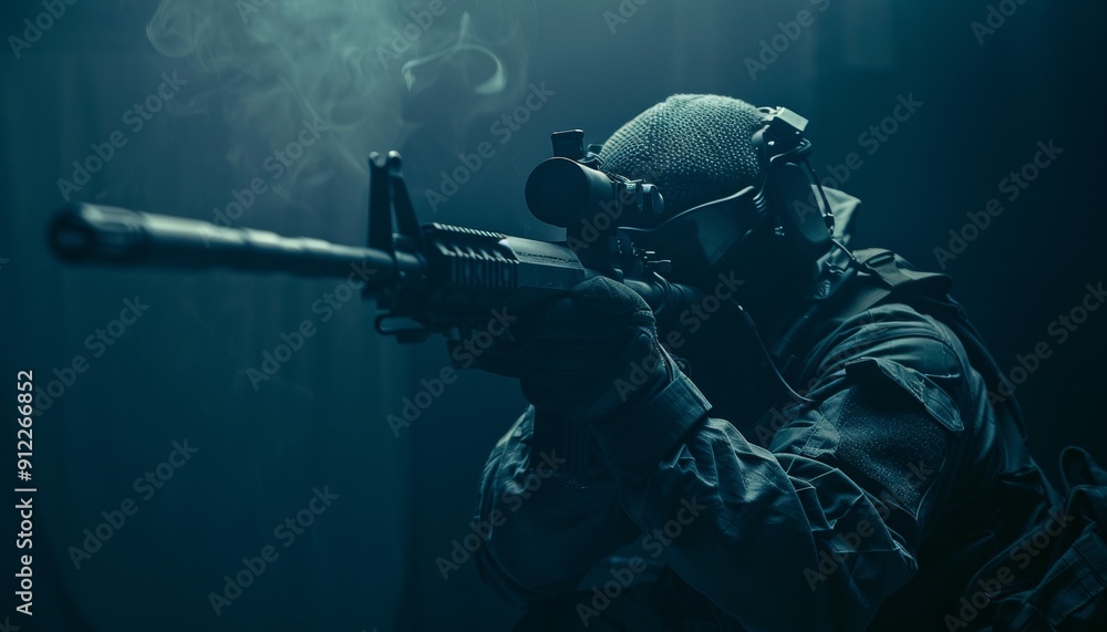 Anonymous Soldier in Dark Gear Holding Rifle with Scope Under Dim Light, Concept of Anti-Terrorism Anonymous Soldier in Dark Gear Holding Rifle with Scope Under Dim Light, Concept of Anti-Terrorism