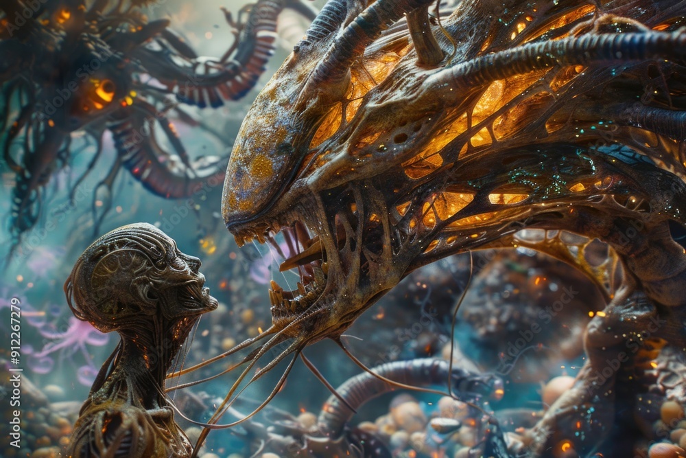 Futuristic Encounter Between Alien Creature and Humanoid in a Sci-Fi Fantasy Landscape Futuristic Encounter Between Alien Creature and Humanoid in a Sci-Fi Fantasy Landscape