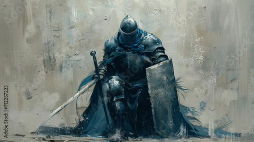  A knight kneeling with a sword and shield looks resolute. His heavy armor glitters against the background of abstract patterns, creating the image of a fearless warrior.