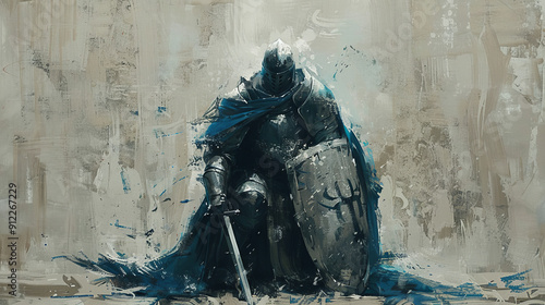 A knight in full combat gear is on one knee, holding his shield and sword tightly. His armor reflects the harsh nature of the battles he participated in.