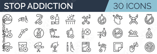 Set of 30 outline icons related to quit addiction .Linear icon collection. Editable stroke. Vector illustration