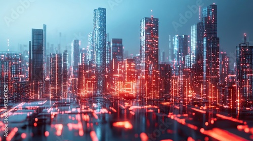 Futuristic Cityscape with Red and Blue Lights photo