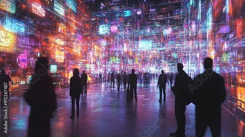 Silhouettes of People Standing Before a Wall of Vibrant, Shifting Digital Data