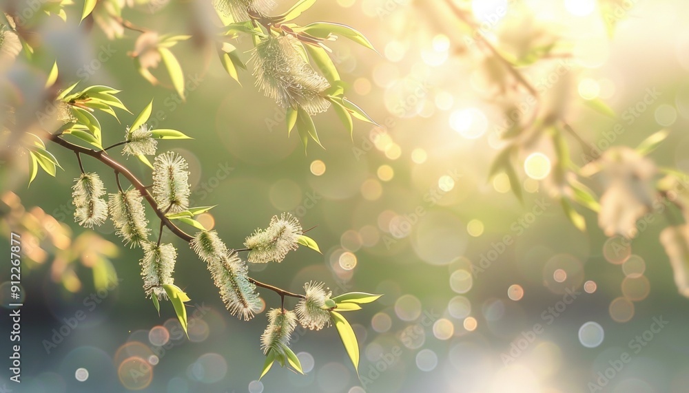 Obraz premium Branch with Blooming Willows Illuminated by Soft Sunlight, Defocused Natural Background, Symbolizing Springtime and New Growth, Easter Concept, Banner with Copy Space