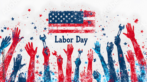 The concept of celebrating Labor Day. Hands are raised up against the background of the national flag. Illustration. The concept of unity and labor in America. photo