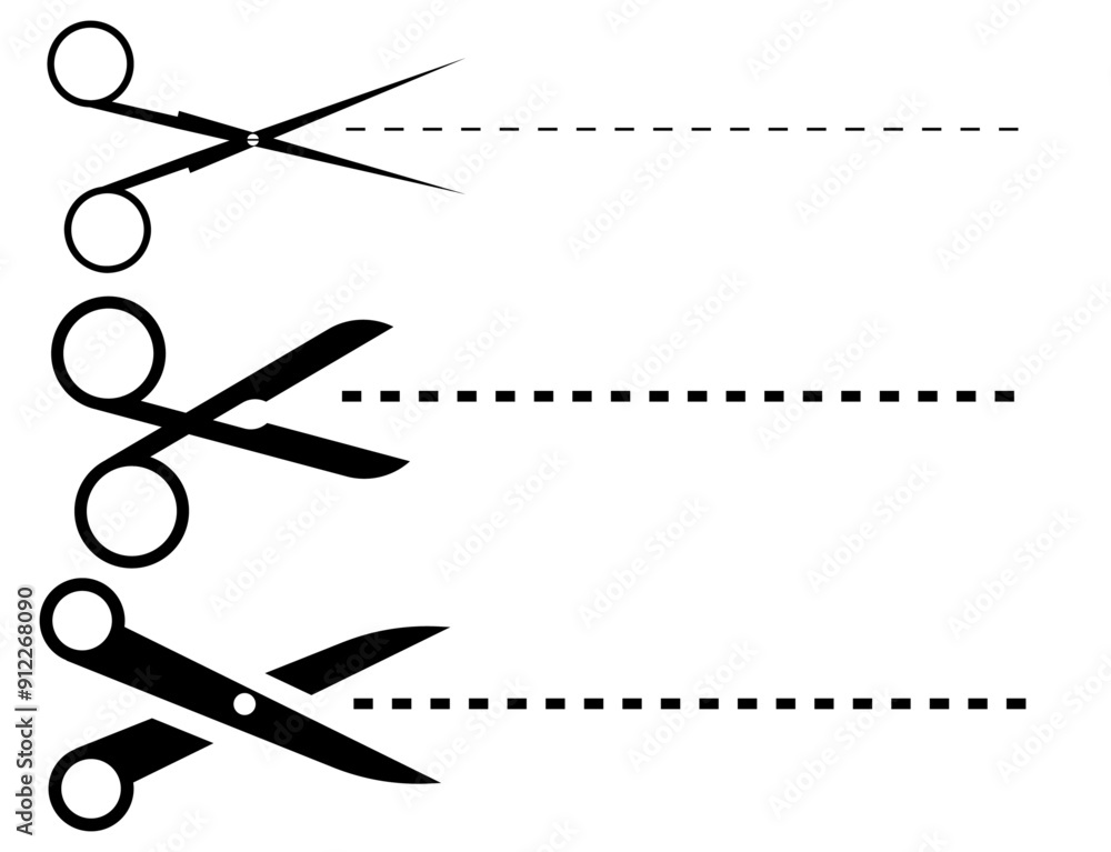 Set of scissors icon with cut line Set of scissors icon with cut line