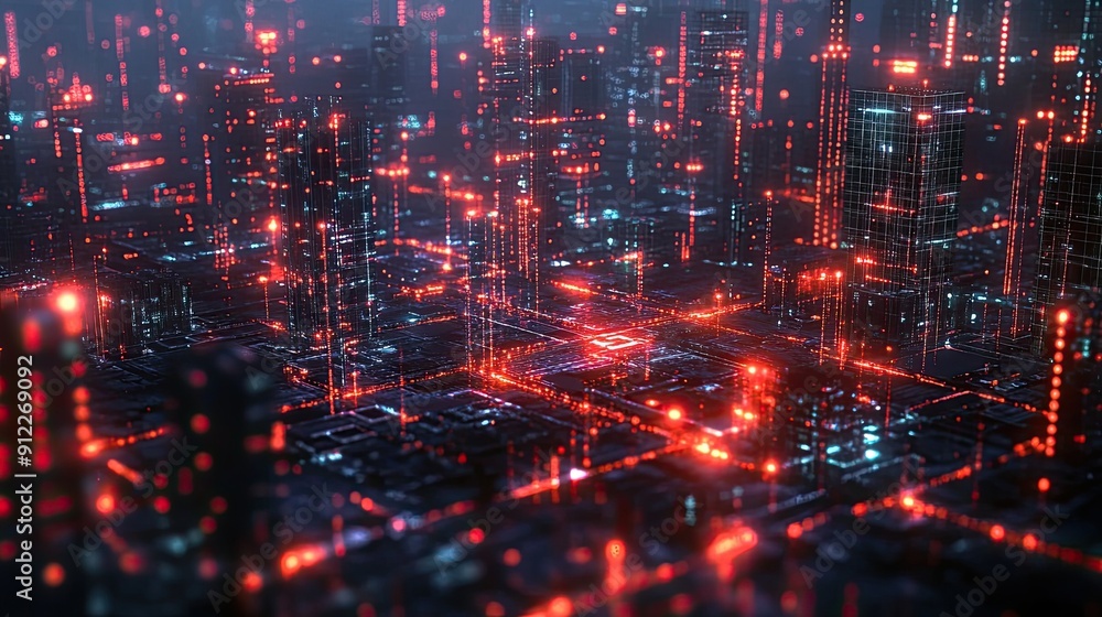 Futuristic Cityscape with Red Neon Lights and a Grid Pattern Futuristic Cityscape with Red Neon Lights and a Grid Pattern
