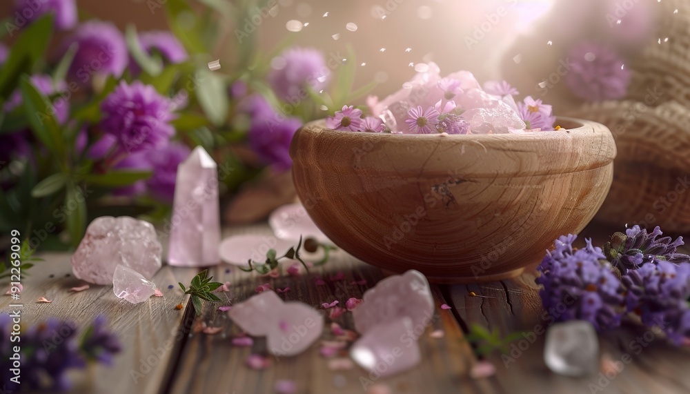 Lavender and Other Herbs with Rose Quartz, Herbalist Naturopathic Holistic Healing Theme, Wooden Bowls with Flowers and Crystals on Wooden Surface, Copy Space Lavender and Other Herbs with Rose Quartz, Herbalist Naturopathic Holistic Healing Theme, Wooden Bowls with Flowers and Crystals on Wooden Surface, Copy Space