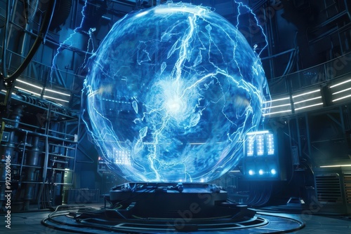 plasma energy orb pulsating with intense blue flames suspended in antigravity chamber surrounded by futuristic energy harvesting equipment photo