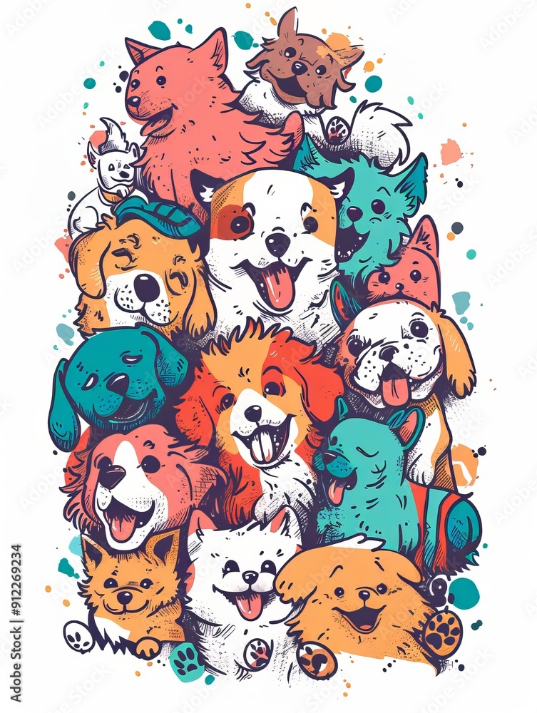 Fototapeta premium Cute Dog Doodle Illustration for Merchandise Clothing, Fashion Textile, Sport Apparel and Clothes Design Printing, Street Art Graffiti Pattern, Colorful Streetwear Design Bundle