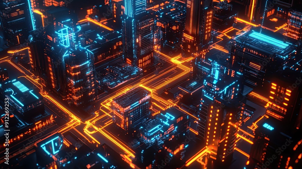 Futuristic Cityscape with Neon Lights and Interconnected Structures Futuristic Cityscape with Neon Lights and Interconnected Structures