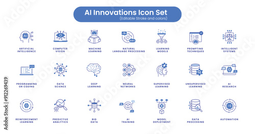 AI Innovations Icon Set: Vector Line Icons for Emerging AI and Machine Learning Trends. Vector Editable Stroke and Colors.