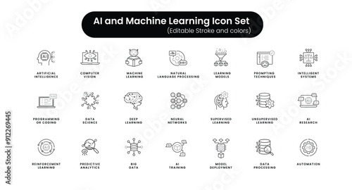 AI and Machine Learning Icon Set: Vector Line Icons for Key AI Concepts. Vector Editable Stroke and Colors.
