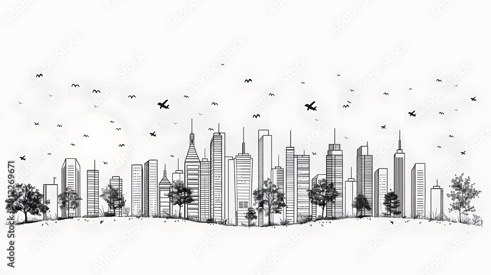 Hand-Drawn Cityscape with Birds and Planes Hand-Drawn Cityscape with Birds and Planes