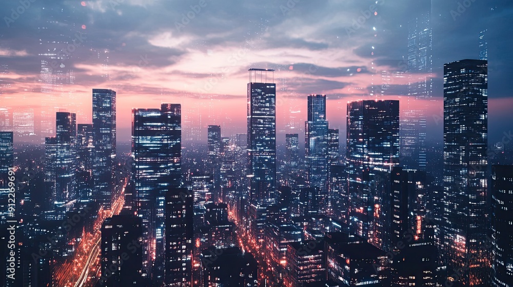 Urban Skyline with Glowing City Lights at Dusk Urban Skyline with Glowing City Lights at Dusk
