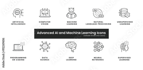 Advanced AI and Machine Learning Icons: Vector Line Icons for AI Applications. Editable Stroke and Colors.