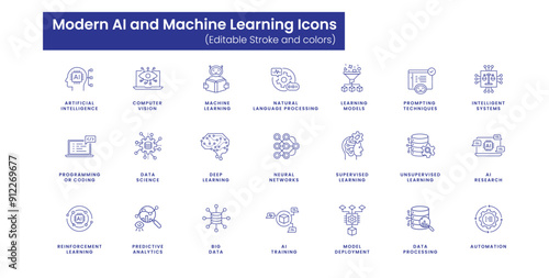 Modern AI and Machine Learning Icons: Vector Line Icons for AI Applications and Research. Editable Stroke and Colors.