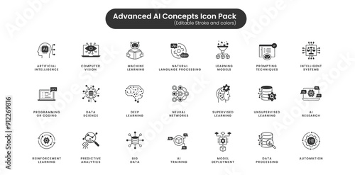 Advanced AI and Machine Learning Icons: Vector Line Icons for AI Applications. AI Concepts Icon Collection: High-Quality Vector Icons for AI and Machine Learning