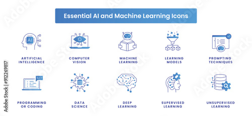 Essential AI and Machine Learning Icons: Detailed Vector Line Icons for AI Technologies