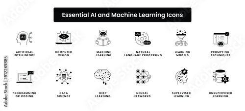 Essential AI and Machine Learning Icons: Detailed Vector Line Icons for AI Technologies