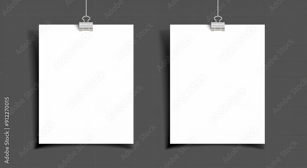 Two Blank Papers Hanging with Clips on a Tile Wall Two Blank Papers Hanging with Clips on a Tile Wall