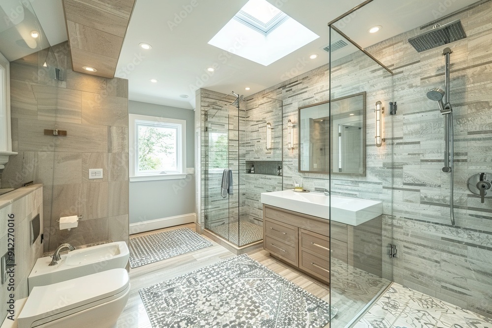 A bathroom with a large glass shower stall and a sink A bathroom with a large glass shower stall and a sink