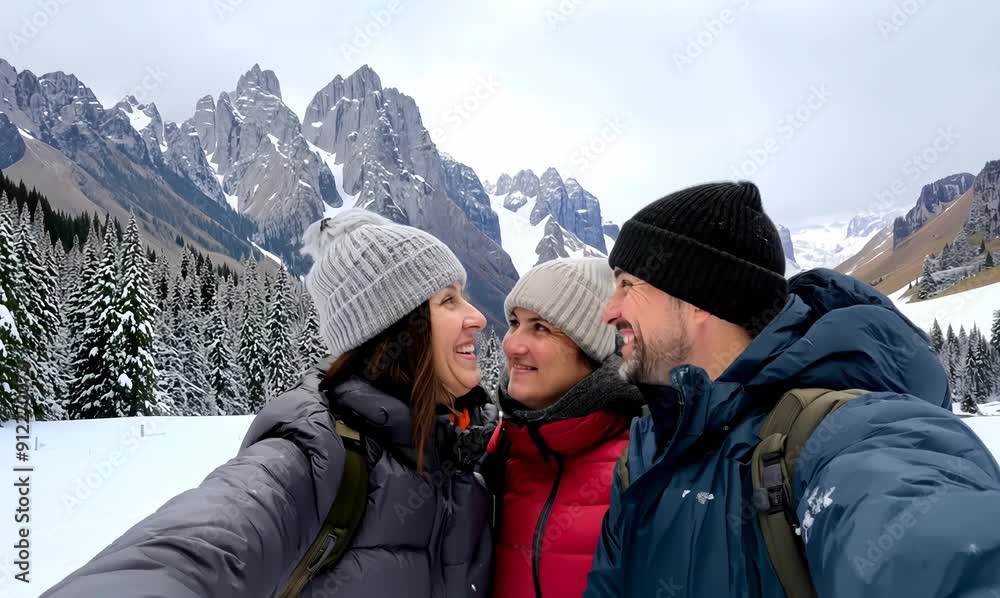 Group of friends taking a selfie in the snow at Banff National Park, Canada Group of friends taking a selfie in the snow at Banff National Park, Canada