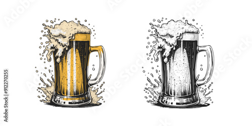 Glasses of beer with splash and drops. Vintage vector engraving illustration for web, poster, invitation to party. Hand drawn design element isolated on white background.
