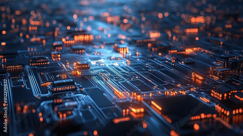Close-up of a glowing circuit board with intricate pathways Close-up of a glowing circuit board with intricate pathways