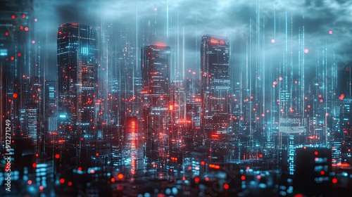 Futuristic Cityscape with Neon Lights and Data Streams