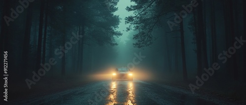 Mysterious Car with Headlights On Driving Through Foggy Forest at Night photo