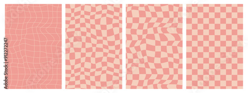 Groovy hippie 70s backgrounds set. Checkerboard, chessboard, mesh, waves, swirl, twirl pattern. Twisted and distorted vector texture in trendy retro psychedelic style.
