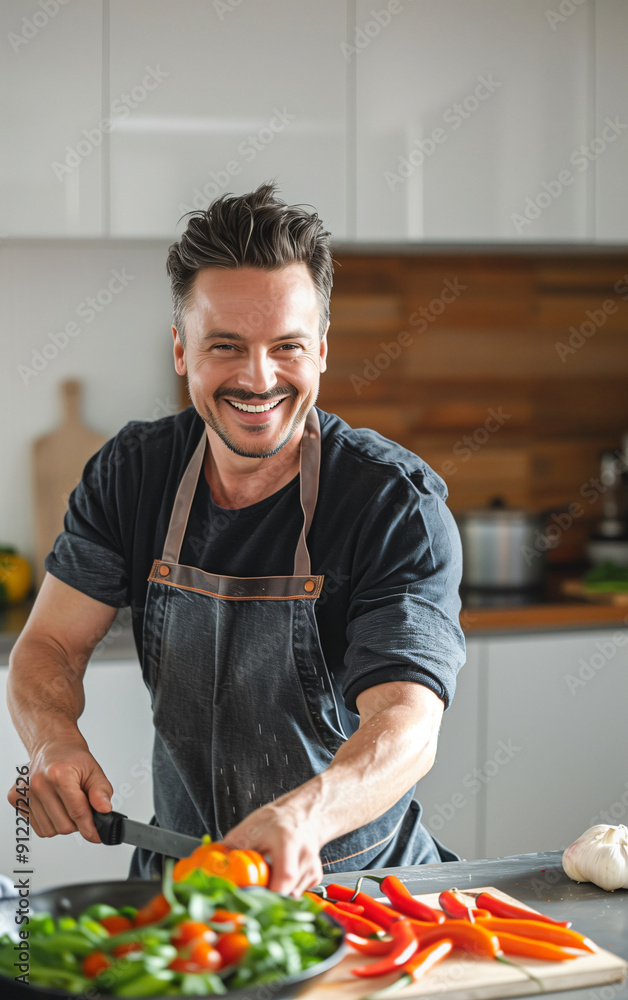 Cheerful man preps vegetables on a kitchen counter, radiating joy while cooking Cheerful man preps vegetables on a kitchen counter, radiating joy while cooking