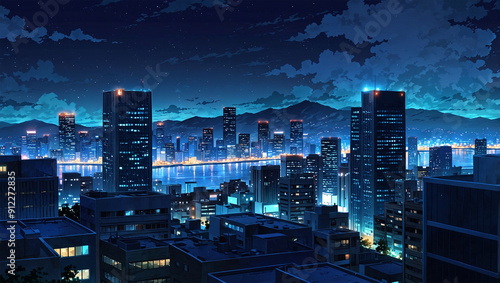 Image of a magnificent city and beautiful night sky, anime style 4