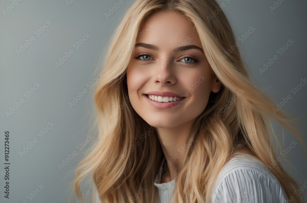 Smiling Young Blonde Woman with Long Hair and Natural Makeup Posing in White Blouse Smiling Young Blonde Woman with Long Hair and Natural Makeup Posing in White Blouse