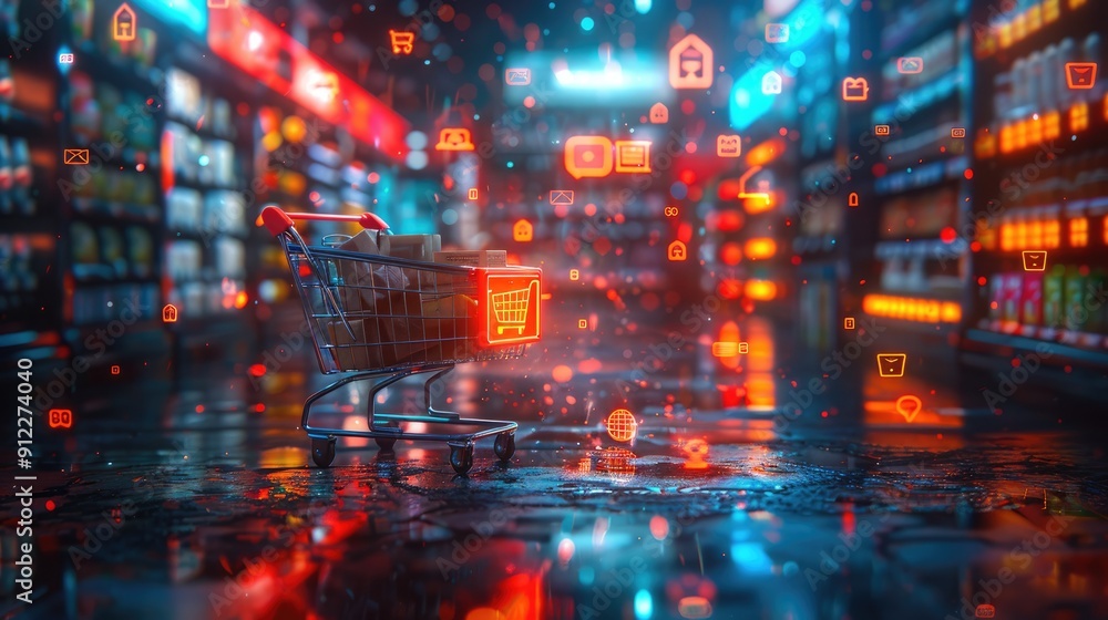 Fototapeta premium Digital illustration of an online shopping app with holographic elements and futuristic supermarket items, highlighting the convenience of ecommerce for quaint small store