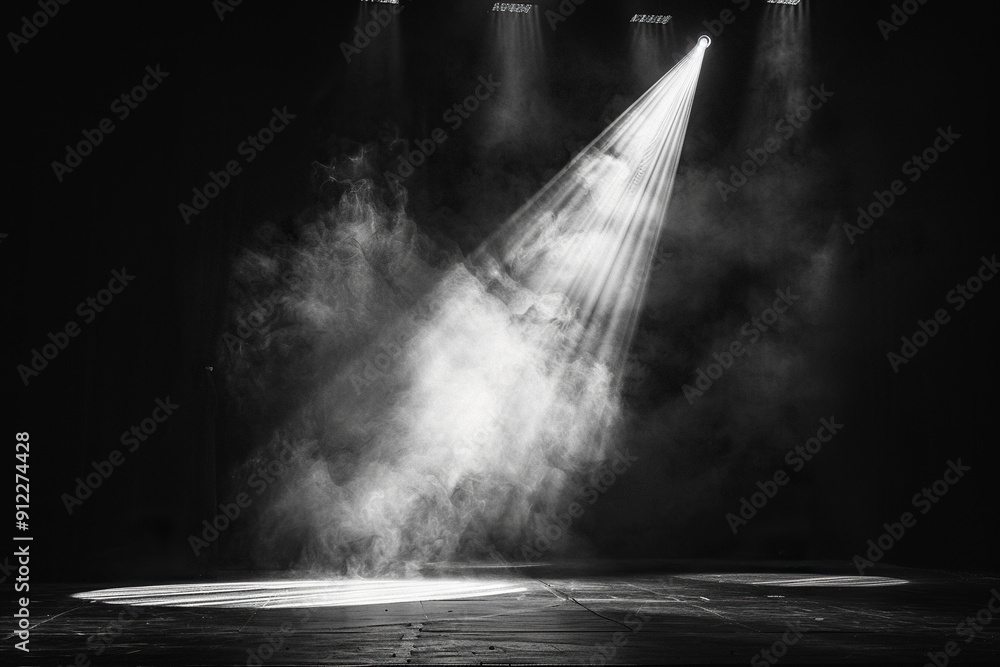 Obraz premium An empty stage for a performance in the rays of spotlights and clouds of smoke. Generated by artificial intelligence