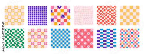Square psychedelic checkerboard retro backgrounds with swirl grid tile, and flowers. Twisted checkered floral pattern in trendy y2k style. Distorted chessboard cover set with distortion effect.